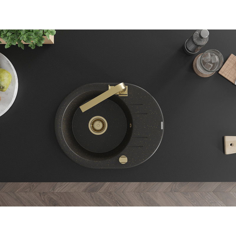Mexen Kevin zlewozmywak granitowy 1-komorowy z ociekaczem i baterią kuchenną Rita, czarny/złoty metalik - 6517-75-670300-50