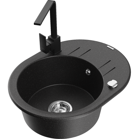 Mexen Kevin zlewozmywak granitowy 1-komorowy z ociekaczem i baterią kuchenną Rita, czarny/złoty metalik - 6517-75-670300-70