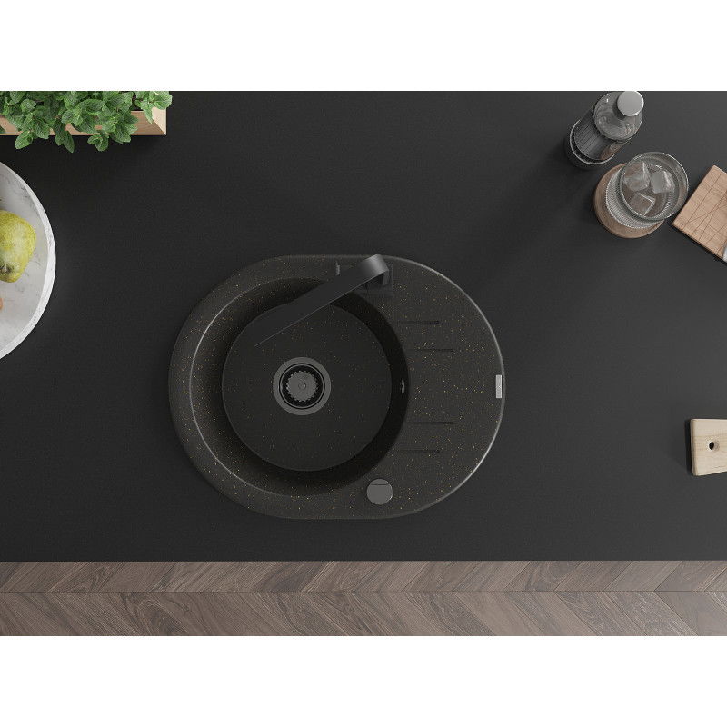 Mexen Kevin zlewozmywak granitowy 1-komorowy z ociekaczem i baterią kuchenną Rita, czarny/złoty metalik - 6517-75-670300-70-B