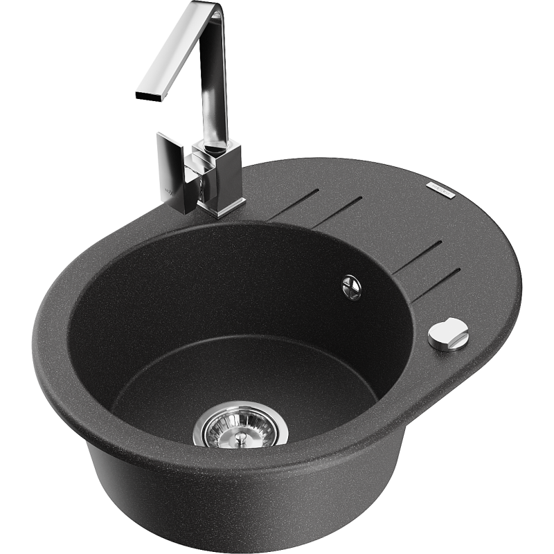 Mexen Kevin zlewozmywak granitowy 1-komorowy z ociekaczem i baterią kuchenną Rita, czarny nakrapiany - 6517-76-670300-00