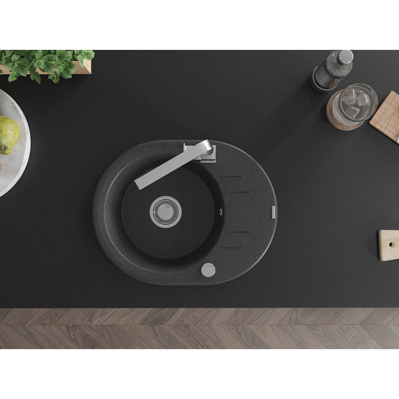 Mexen Kevin zlewozmywak granitowy 1-komorowy z ociekaczem i baterią kuchenną Rita, czarny nakrapiany - 6517-76-670300-00