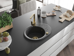 Mexen Kevin zlewozmywak granitowy 1-komorowy z ociekaczem i baterią kuchenną Rita, czarny nakrapiany - 6517-76-670300-50