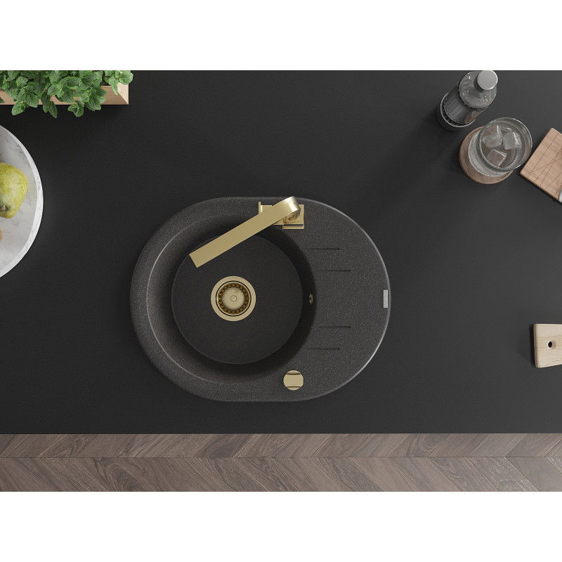 Mexen Kevin zlewozmywak granitowy 1-komorowy z ociekaczem i baterią kuchenną Rita, czarny nakrapiany - 6517-76-670300-50