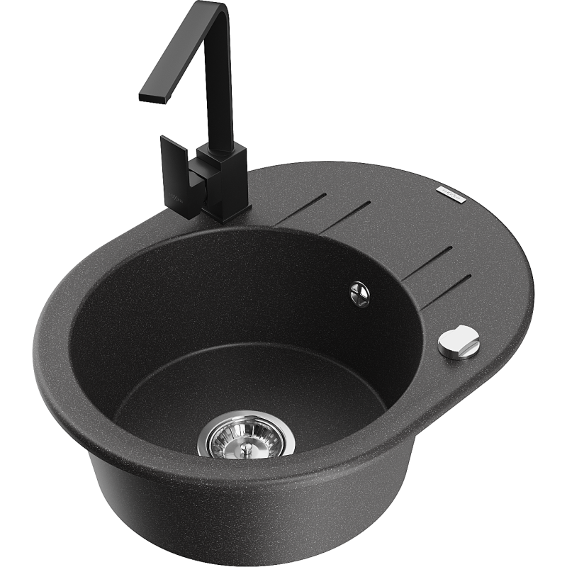 Mexen Kevin zlewozmywak granitowy 1-komorowy z ociekaczem i baterią kuchenną Rita, czarny nakrapiany - 6517-76-670300-70