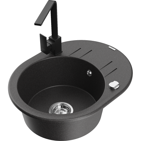 Mexen Kevin zlewozmywak granitowy 1-komorowy z ociekaczem i baterią kuchenną Rita, czarny nakrapiany - 6517-76-670300-70