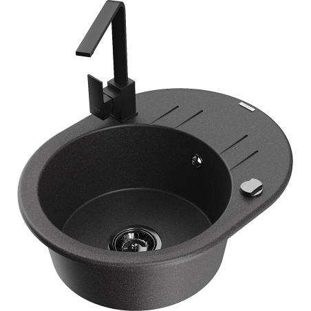 Mexen Kevin zlewozmywak granitowy 1-komorowy z ociekaczem i baterią kuchenną Rita, czarny nakrapiany - 6517-76-670300-70-B