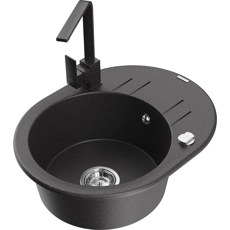 Mexen Kevin zlewozmywak granitowy 1-komorowy z ociekaczem i baterią kuchenną Rita, czarny nakrapiany - 6517-76-670300-76