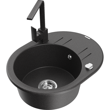 Mexen Kevin zlewozmywak granitowy 1-komorowy z ociekaczem i baterią kuchenną Rita, czarny nakrapiany - 6517-76-670300-76