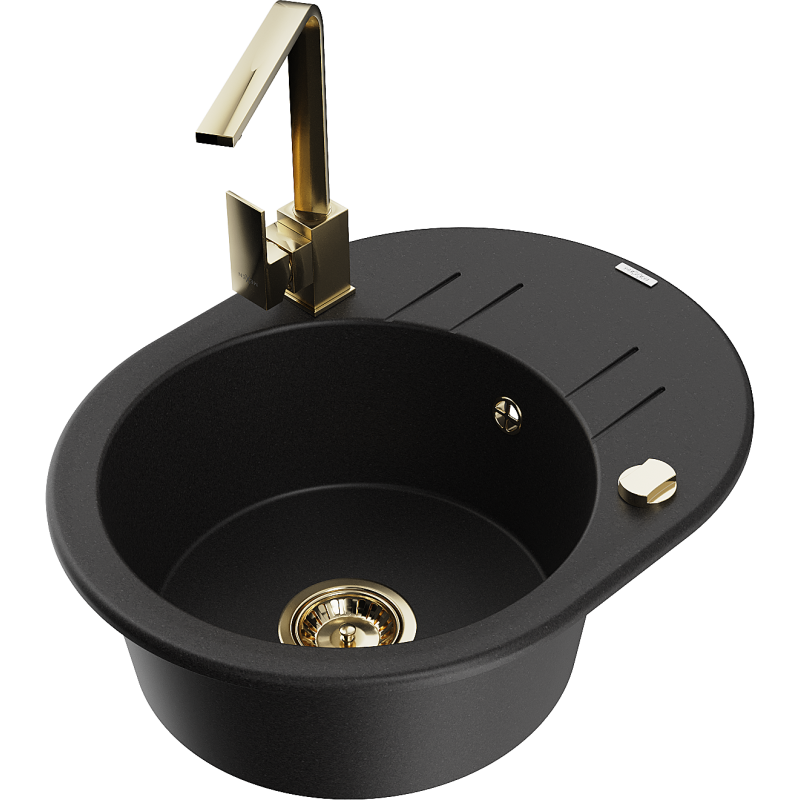 Mexen Kevin zlewozmywak granitowy 1-komorowy z ociekaczem i baterią kuchenną Rita, czarny - 6517-77-670300-50