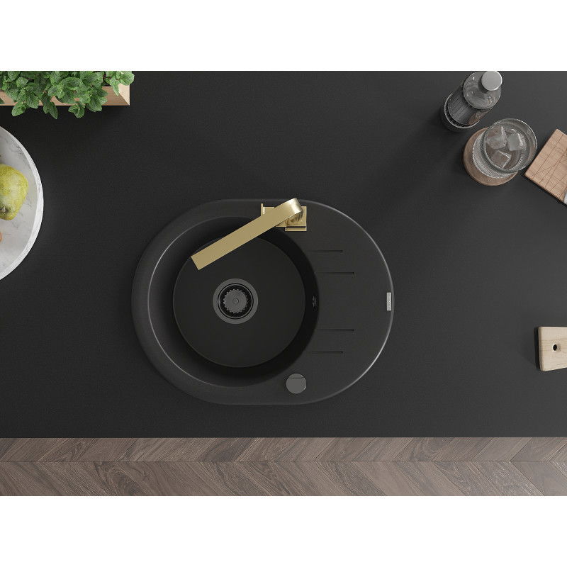 Mexen Kevin zlewozmywak granitowy 1-komorowy z ociekaczem i baterią kuchenną Rita, czarny - 6517-77-670300-50-B