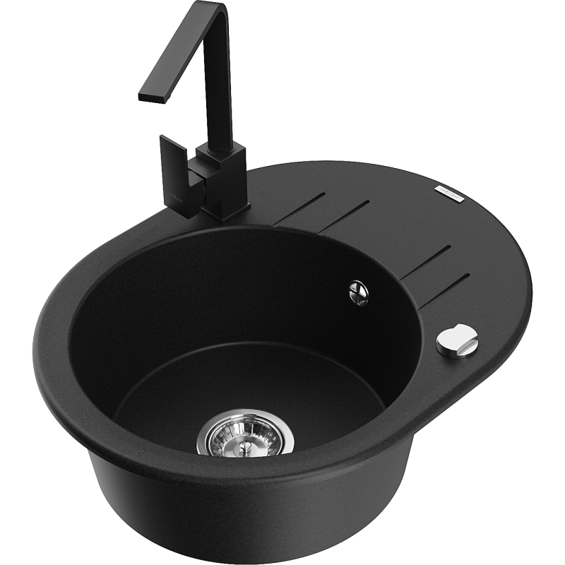 Mexen Kevin zlewozmywak granitowy 1-komorowy z ociekaczem i baterią kuchenną Rita, czarny - 6517-77-670300-70