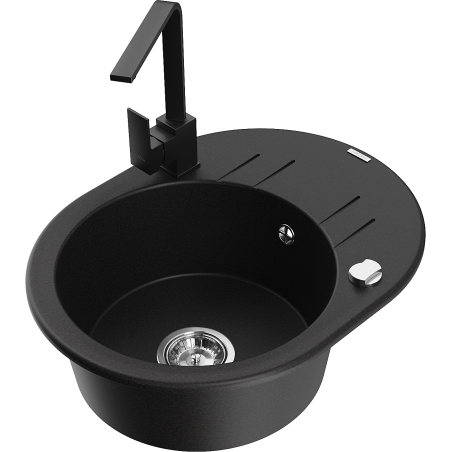 Mexen Kevin zlewozmywak granitowy 1-komorowy z ociekaczem i baterią kuchenną Rita, czarny - 6517-77-670300-70