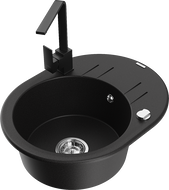 Mexen Kevin zlewozmywak granitowy 1-komorowy z ociekaczem i baterią kuchenną Rita, czarny - 6517-77-670300-70