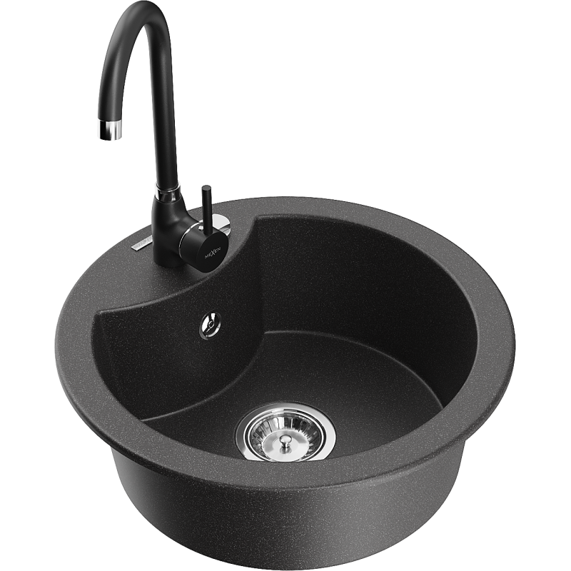 Mexen Diego zlewozmywak granitowy 1-komorowy z baterią kuchenną Telma, czarny nakrapiany - 6512-76-670200-70