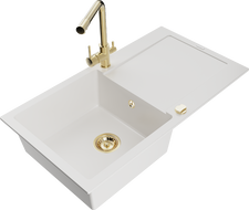 Mexen Leo zlewozmywak granitowy 1-komorowy z ociekaczem i baterią kuchenną Duero, biały - 6501-20-671600-50