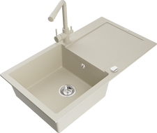 Mexen Leo zlewozmywak granitowy 1-komorowy z ociekaczem i baterią kuchenną Duero, beżowy- 6501-69-671600-69