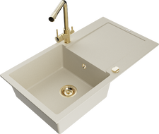 Mexen Leo zlewozmywak granitowy 1-komorowy z ociekaczem i baterią kuchenną Duero, beżowy- 6501-69-671600-50