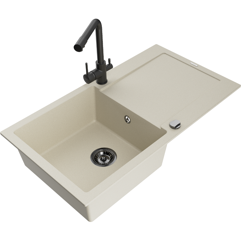 Mexen Leo zlewozmywak granitowy 1-komorowy z ociekaczem i baterią kuchenną Duero, beżowy- 6501-69-671600-70