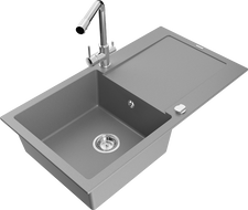 Mexen Leo zlewozmywak granitowy 1-komorowy z ociekaczem i baterią kuchenną Duero, szary - 6501-71-671600-00
