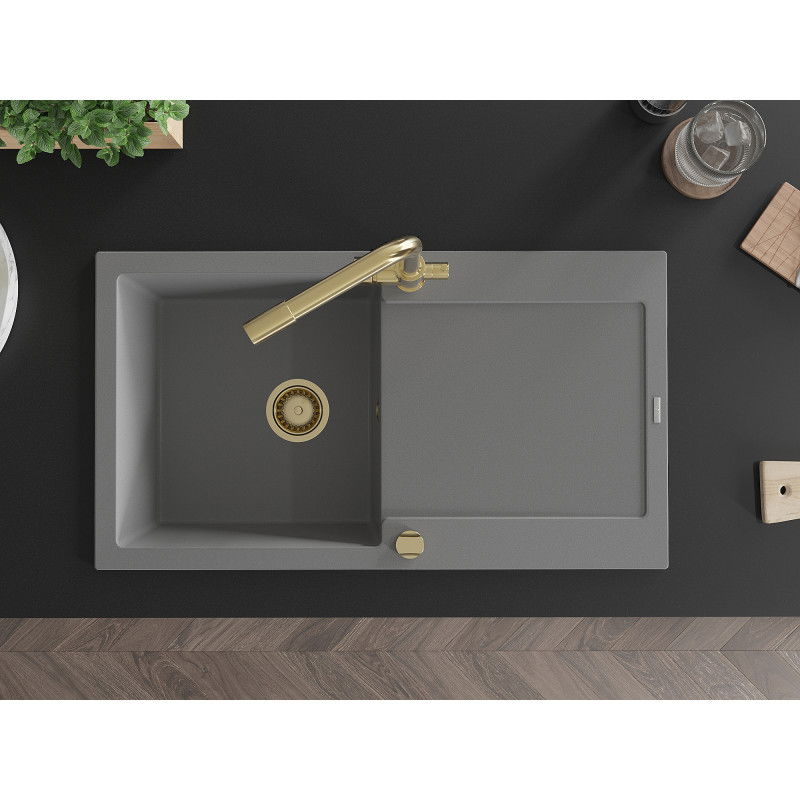 Mexen Leo zlewozmywak granitowy 1-komorowy z ociekaczem i baterią kuchenną Duero, szary - 6501-71-671600-50