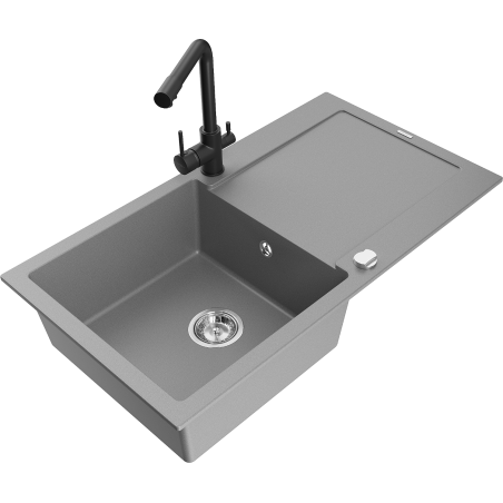 Mexen Leo zlewozmywak granitowy 1-komorowy z ociekaczem i baterią kuchenną Duero, szary - 6501-71-671600-70