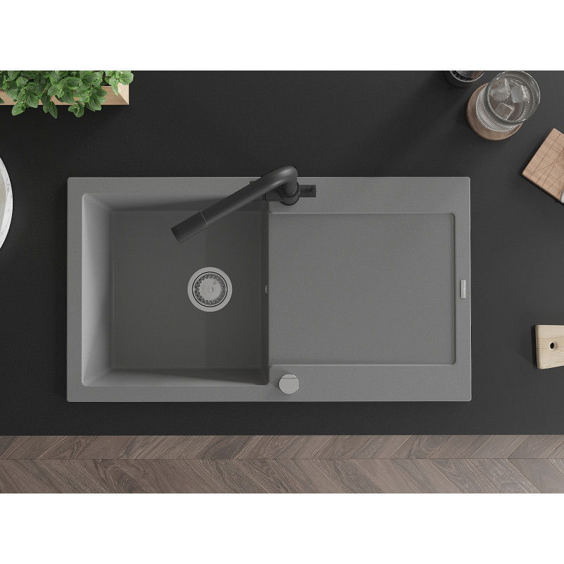 Mexen Leo zlewozmywak granitowy 1-komorowy z ociekaczem i baterią kuchenną Duero, szary - 6501-71-671600-70
