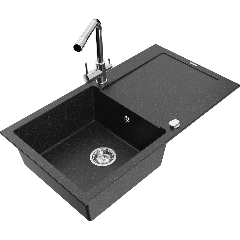 Mexen Leo zlewozmywak granitowy 1-komorowy z ociekaczem i baterią kuchenną Duero, czarny/srebrny metalik - 6501-73-671600-00