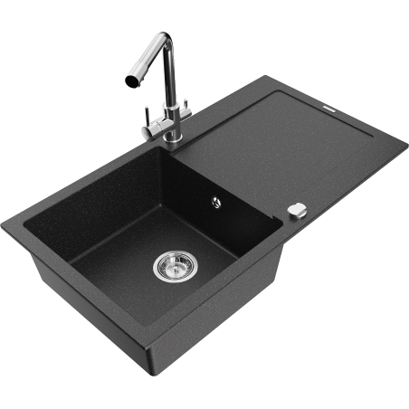 Mexen Leo zlewozmywak granitowy 1-komorowy z ociekaczem i baterią kuchenną Duero, czarny/srebrny metalik - 6501-73-671600-00