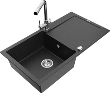 Mexen Leo zlewozmywak granitowy 1-komorowy z ociekaczem i baterią kuchenną Duero, czarny/srebrny metalik - 6501-73-671600-00