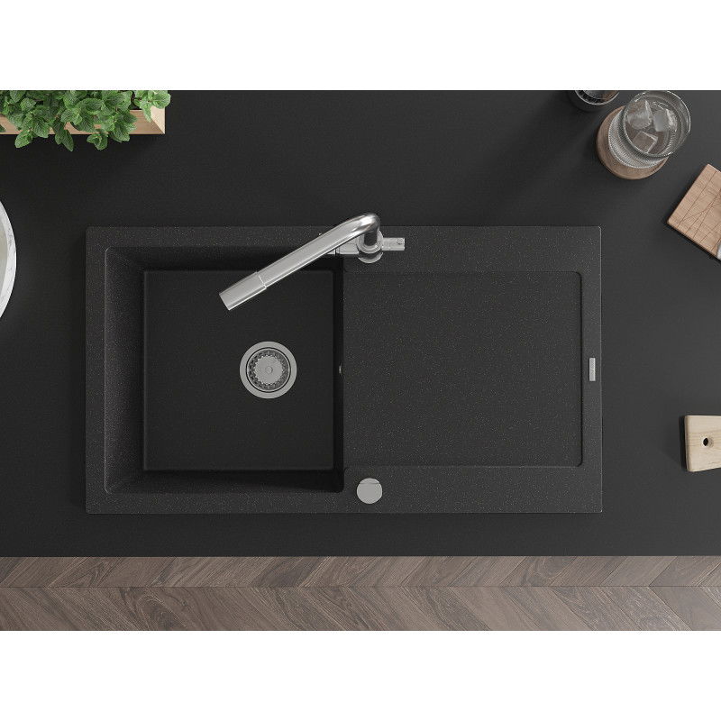 Mexen Leo zlewozmywak granitowy 1-komorowy z ociekaczem i baterią kuchenną Duero, czarny/srebrny metalik - 6501-73-671600-00