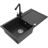 Mexen Leo zlewozmywak granitowy 1-komorowy z ociekaczem i baterią kuchenną Duero, czarny/srebrny metalik - 6501-73-671600-70