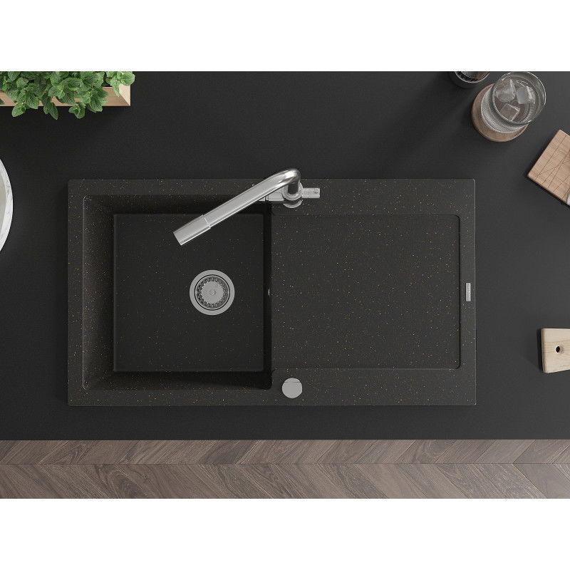 Mexen Leo zlewozmywak granitowy 1-komorowy z ociekaczem i baterią kuchenną Duero, czarny/złoty metalik - 6501-75-671600-00