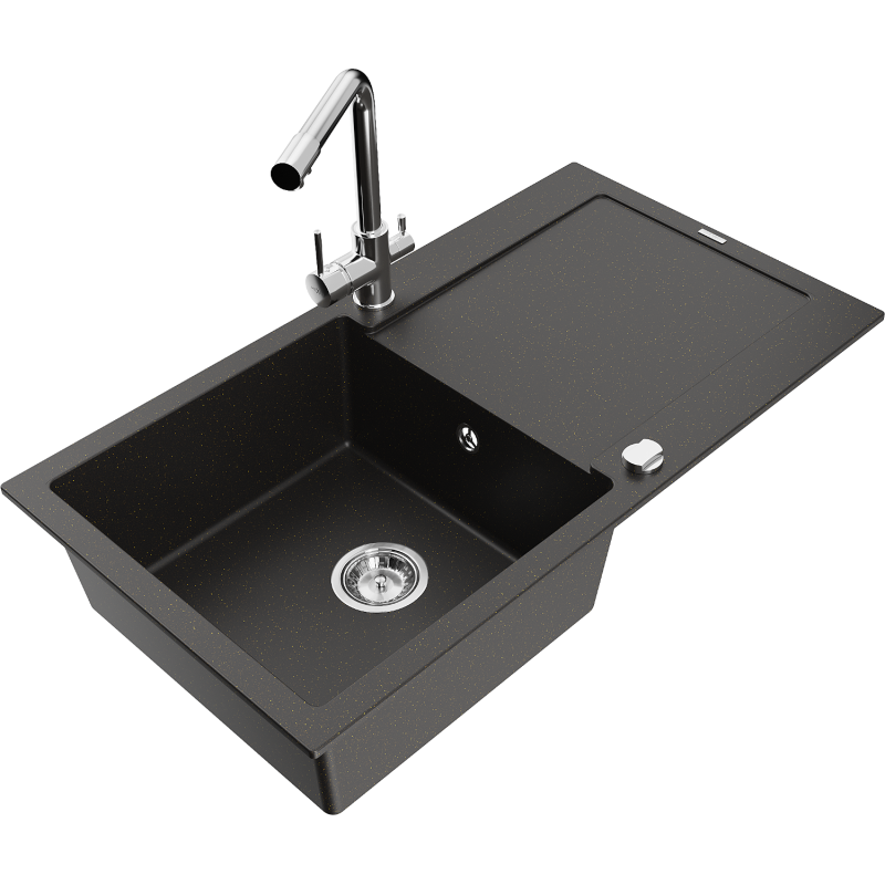 Mexen Leo zlewozmywak granitowy 1-komorowy z ociekaczem i baterią kuchenną Duero, czarny/złoty metalik - 6501-75-671600-00