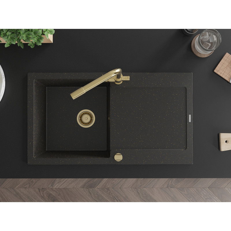 Mexen Leo zlewozmywak granitowy 1-komorowy z ociekaczem i baterią kuchenną Duero, czarny/złoty metalik - 6501-75-671600-50