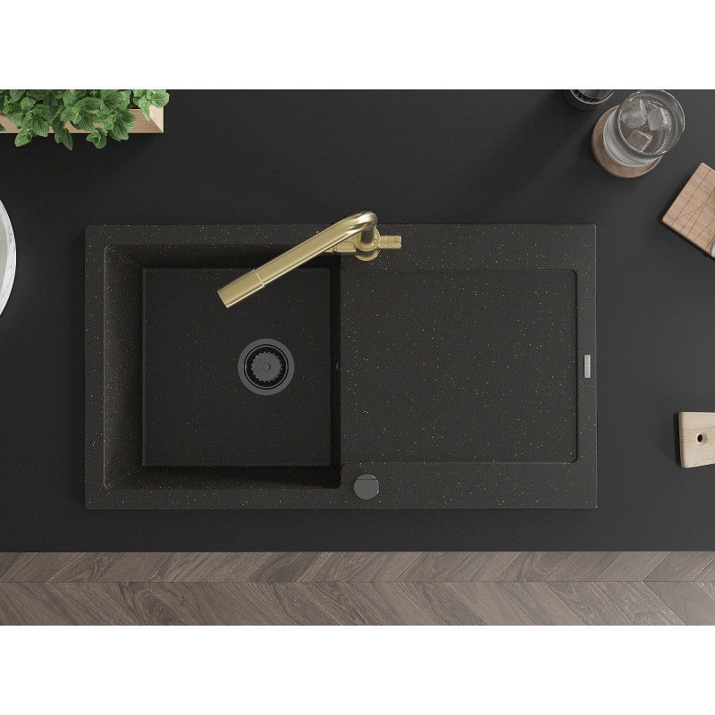 Mexen Leo zlewozmywak granitowy 1-komorowy z ociekaczem i baterią kuchenną Duero, czarny/złoty metalik - 6501-75-671600-50-B