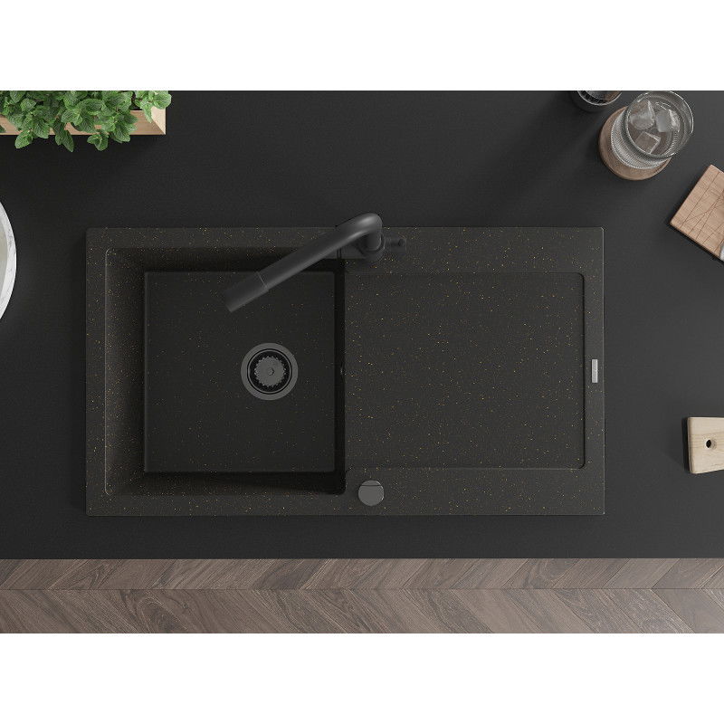 Mexen Leo zlewozmywak granitowy 1-komorowy z ociekaczem i baterią kuchenną Duero, czarny/złoty metalik - 6501-75-671600-70-B
