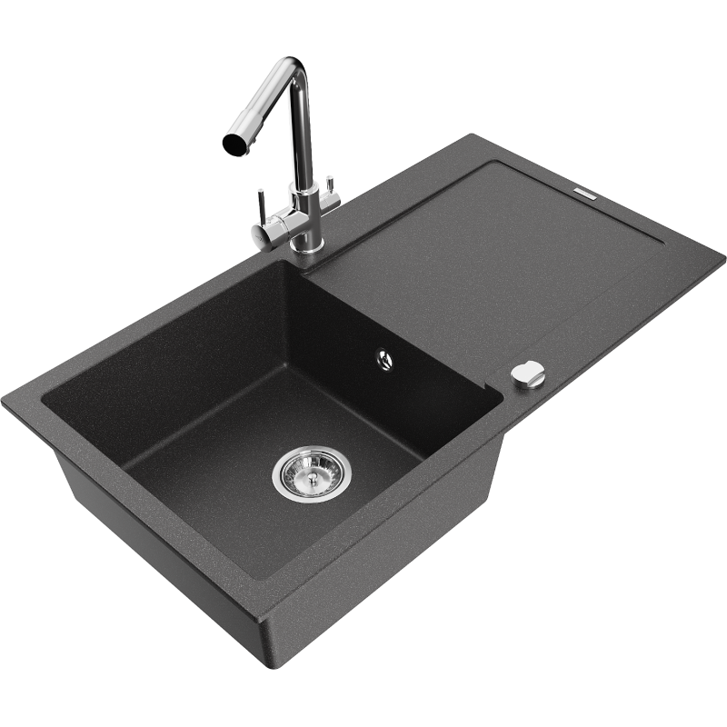 Mexen Leo zlewozmywak granitowy 1-komorowy z ociekaczem i baterią kuchenną Duero, czarny nakrapiany - 6501-76-671600-00