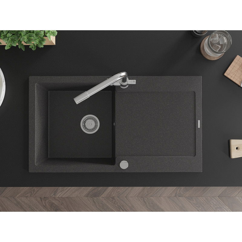 Mexen Leo zlewozmywak granitowy 1-komorowy z ociekaczem i baterią kuchenną Duero, czarny nakrapiany - 6501-76-671600-00