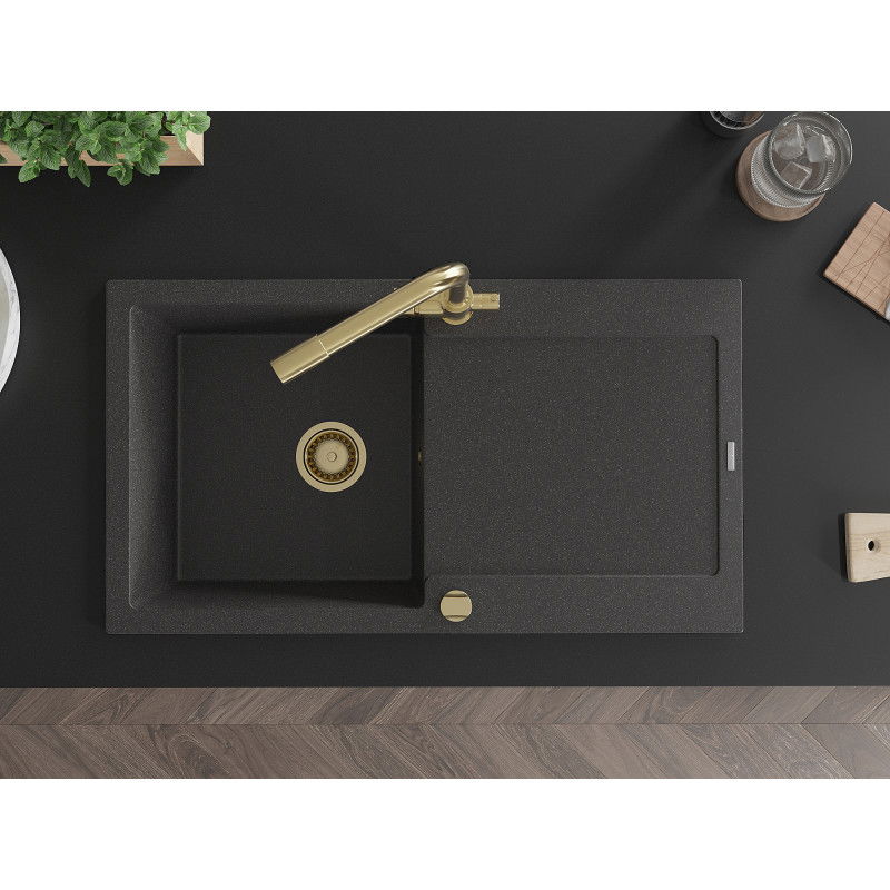 Mexen Leo zlewozmywak granitowy 1-komorowy z ociekaczem i baterią kuchenną Duero, czarny nakrapiany - 6501-76-671600-50