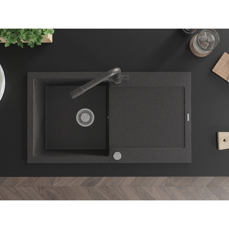 Mexen Leo zlewozmywak granitowy 1-komorowy z ociekaczem i baterią kuchenną Duero, czarny nakrapiany - 6501-76-671600-76