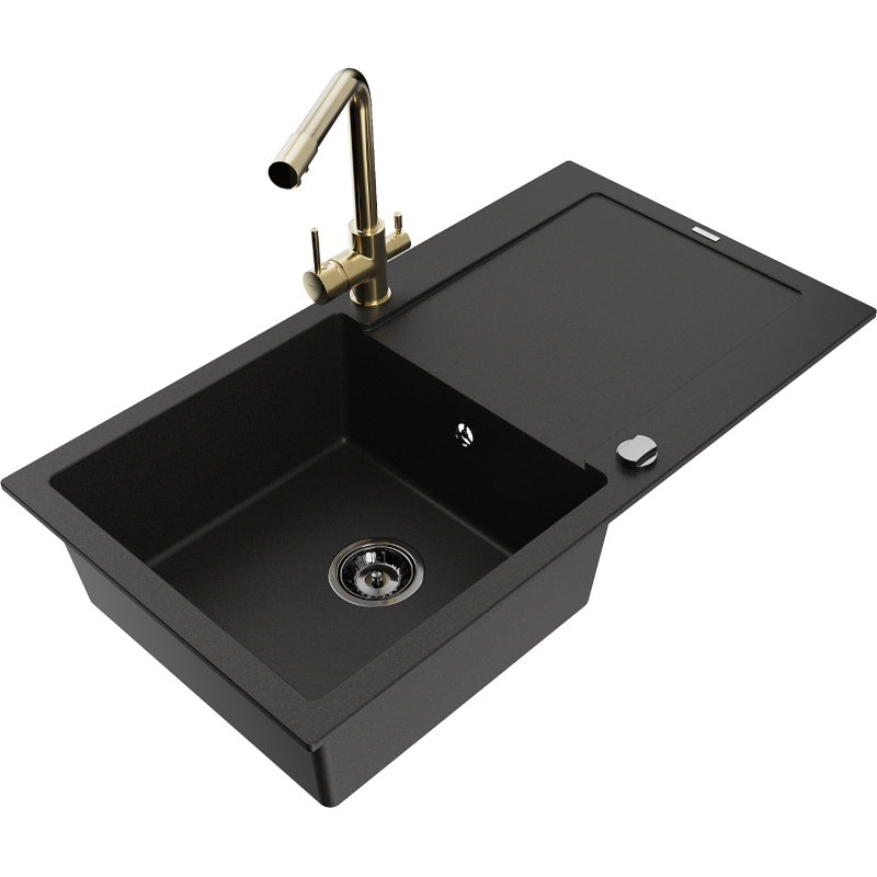 Mexen Leo zlewozmywak granitowy 1-komorowy z ociekaczem i baterią kuchenną Duero, czarny - 6501-77-671600-50-B