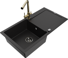 Mexen Leo zlewozmywak granitowy 1-komorowy z ociekaczem i baterią kuchenną Duero, czarny - 6501-77-671600-50-B