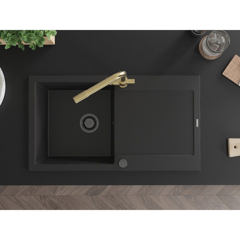 Mexen Leo zlewozmywak granitowy 1-komorowy z ociekaczem i baterią kuchenną Duero, czarny - 6501-77-671600-50-B