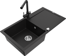 Mexen Leo zlewozmywak granitowy 1-komorowy z ociekaczem i baterią kuchenną Duero, czarny - 6501-77-671600-70