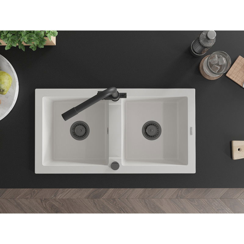 Mexen Mario zlewozmywak granitowy 2-komorowy z baterią kuchenną Duero, biały - 6504-20-671600-70