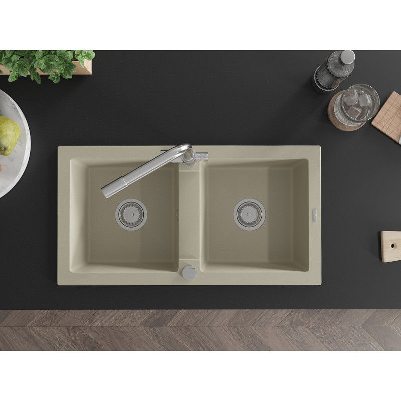 Mexen Mario zlewozmywak granitowy 2-komorowy z baterią kuchenną Duero, beżowy - 6504-69-671600-00
