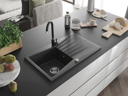 Mexen Cesar zlewozmywak granitowy 1-komorowy z ociekaczem i baterią kuchenną Telma, czarny nakrapiany - 6514-76-670200-70