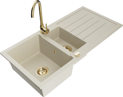 Mexen Andres zlewozmywak granitowy 1,5-komorowy z ociekaczem i baterią kuchenną Telma, beżowy - 6515-69-670200-50