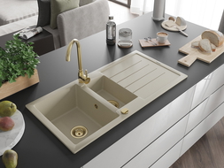 Mexen Andres zlewozmywak granitowy 1,5-komorowy z ociekaczem i baterią kuchenną Telma, beżowy - 6515-69-670200-50