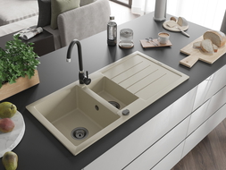 Mexen Andres zlewozmywak granitowy 1,5-komorowy z ociekaczem i baterią kuchenną Telma, beżowy - 6515-69-670200-70